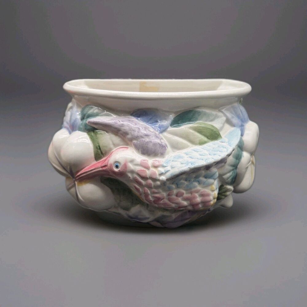 Hand Painted ALCOBACA Portugal Large Ceramic Wall Pocket Planter Bird Flowers